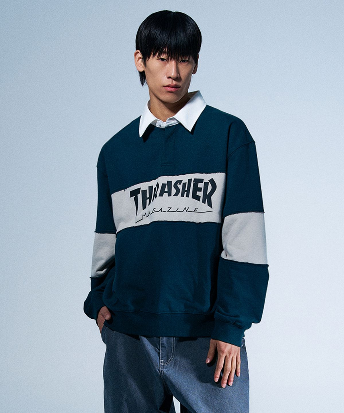 트레셔(THRASHER) 매거진 럭비 맨투맨 다크 파인