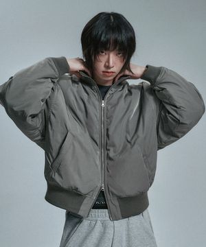 하이넥 크롭 봄버 자켓 - 그레이