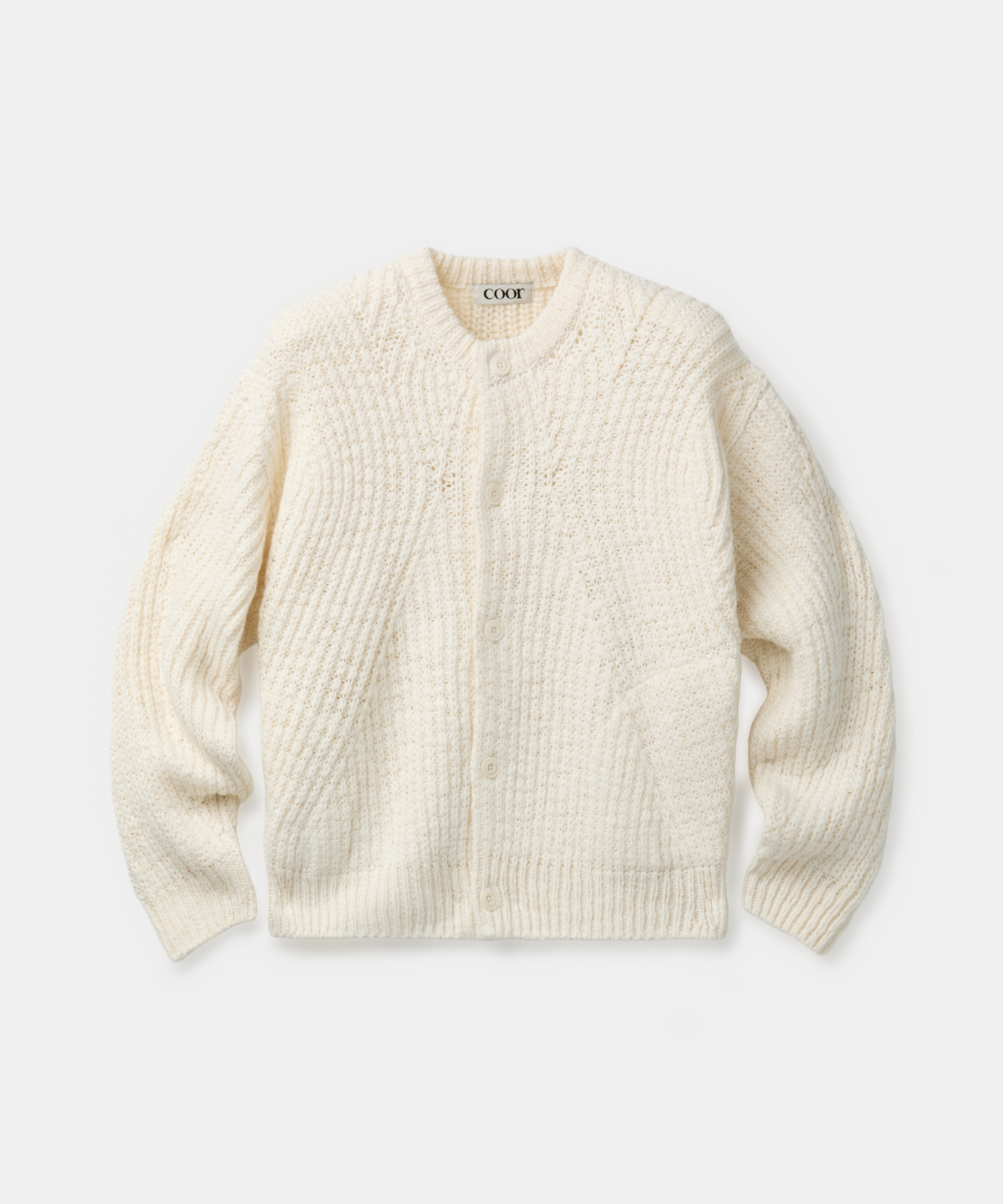 쿠어(COOR) 헤비 웨이트 커브드 립 라운드넥 가디건 (크림)