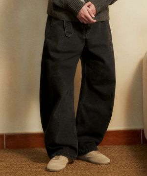 Belted Wide-Curved Denim Pants (WASHED BLACK)