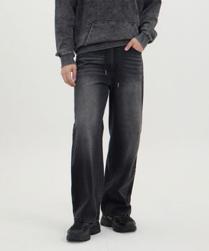 이지핏 허리밴딩 와이드 데님 팬츠 유니섹스 (블랙)