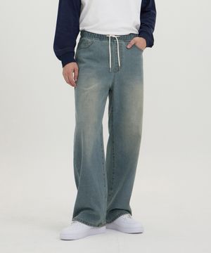 이지핏 허리밴딩 와이드 데님 팬츠 유니섹스 (연청틴)