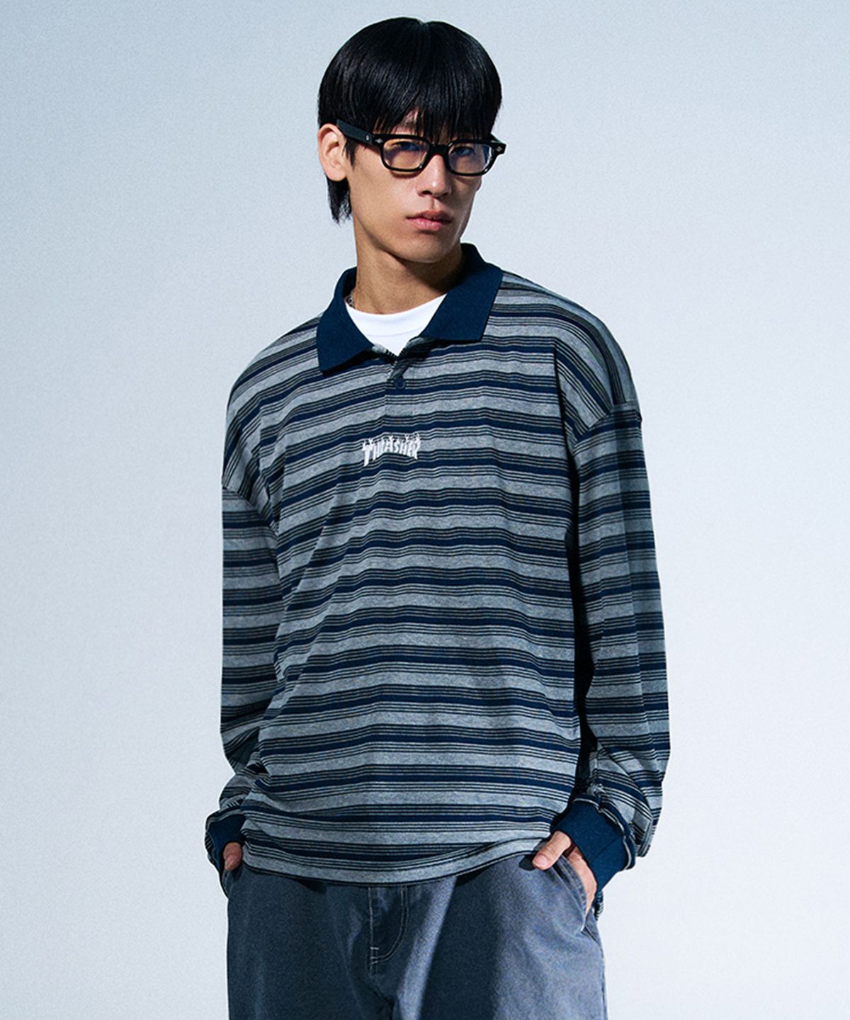트레셔(THRASHER) 카라 스트라이프 롱 슬리브 네이비