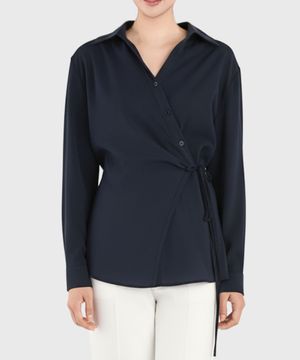 허리 사이드 리본 포인트 블라우스_네이비