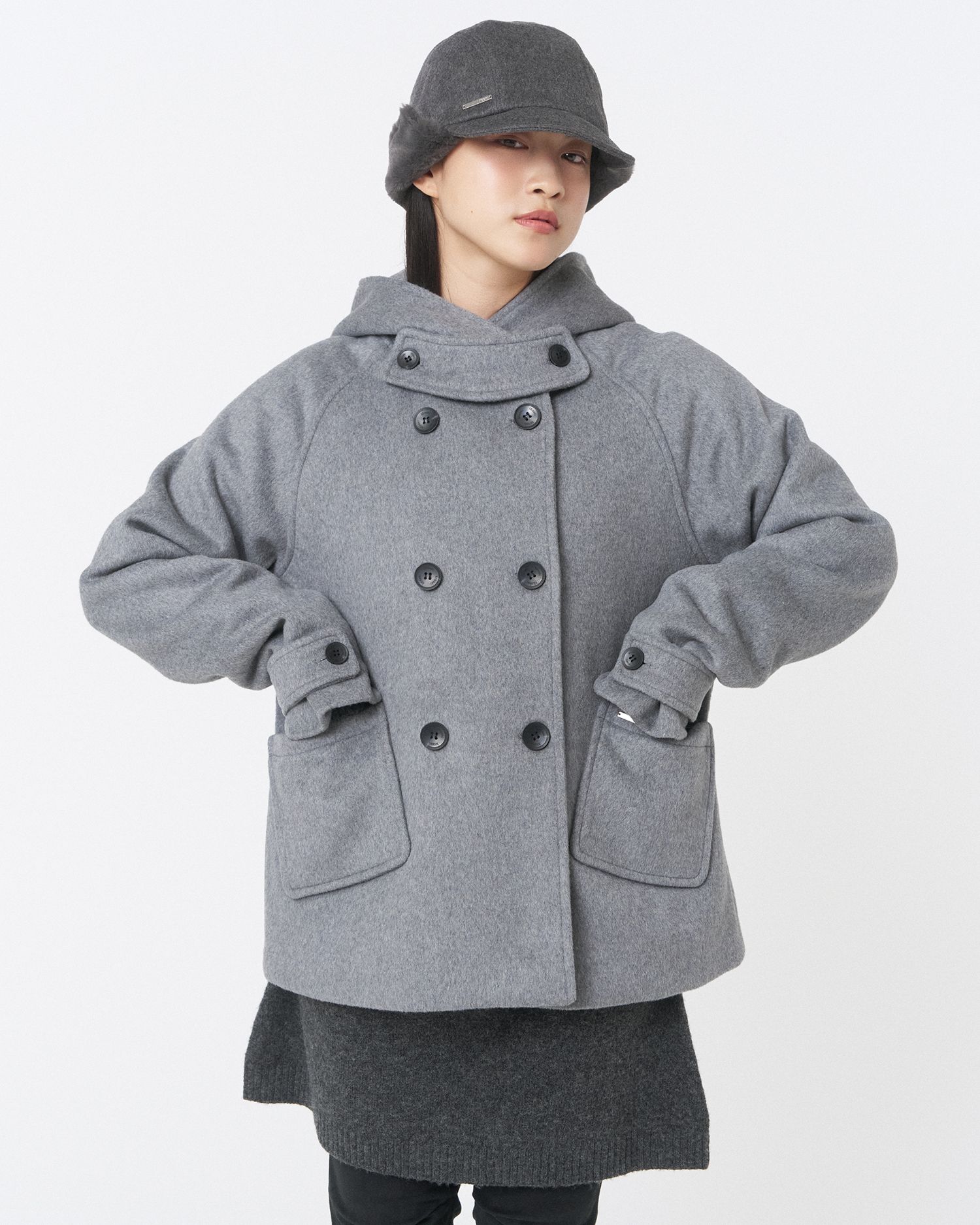 MUSINSA | MISEKI SEOUL Hoodie double button coat GREY
