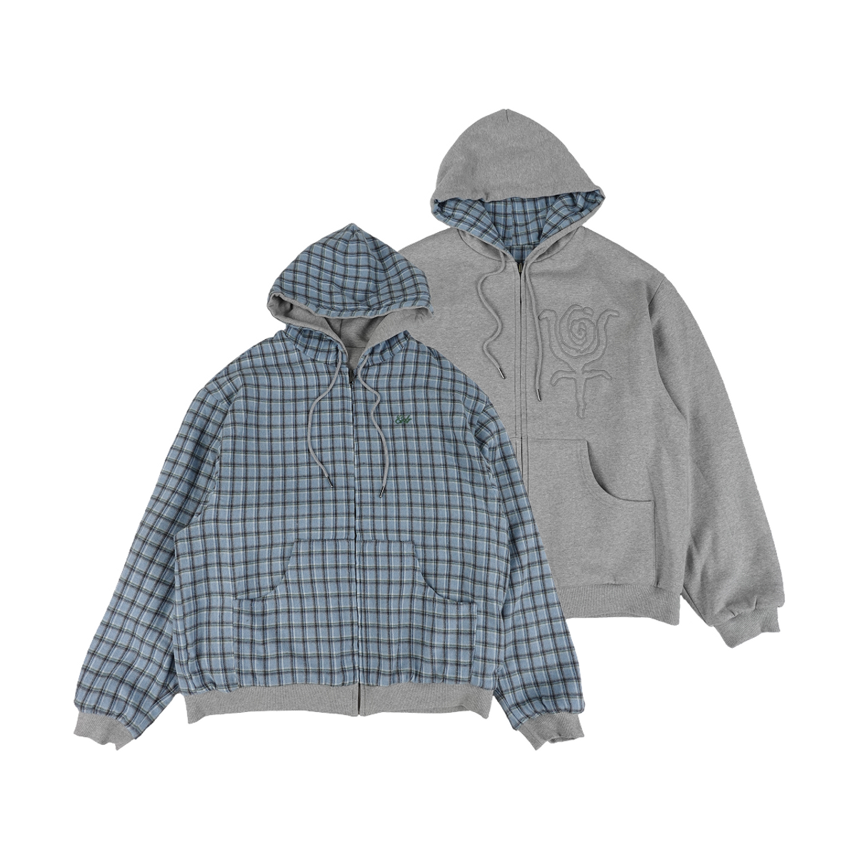 이알티알(ERTR) Reversible Check Hoodie Zip-Up Skyblue