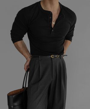 패턴 머슬 헨리넥 니트티 [블랙]