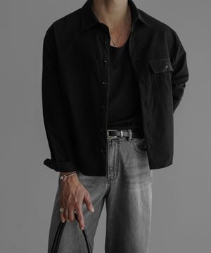 스트라이프 원 포켓 크롭 셔츠 [블랙]