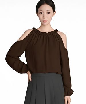 컷 아웃 숄더 블라우스_브라운