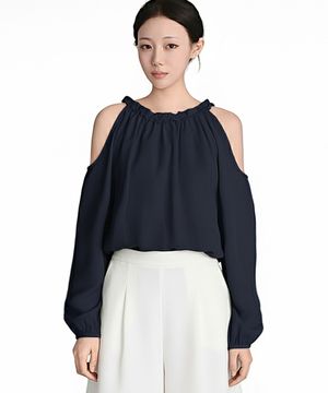 컷 아웃 숄더 블라우스_네이비