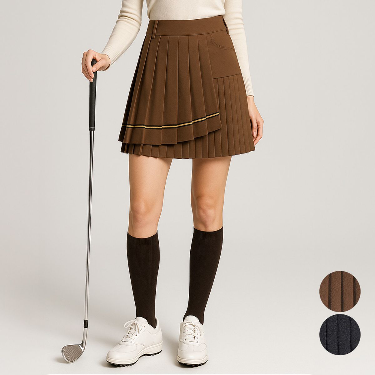 김영주 골프(KIM YOUNG JOO GOLF) 봄가을 겹플리츠 라인 포인트 주름 치마 여성 골프 큐롯 스커트 DPFLSK59