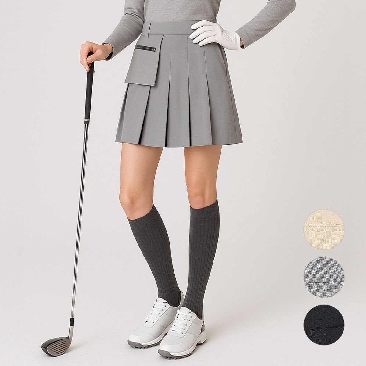 김영주 골프(KIM YOUNG JOO GOLF) 봄가을 배색 주름 지퍼포켓 플리츠 여성 큐롯 골프 스커트 DPFLSK63
