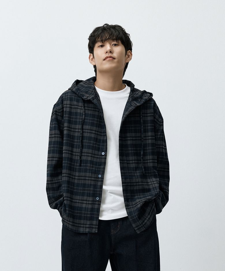 멜란지 체크 후드 셔츠 네이비 MMFFMDS-159NA