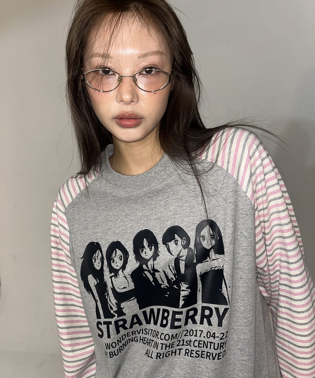 원더비지터(WONDERVISITOR) Strawberry Con-po Raglan LS-T [Melange grey]