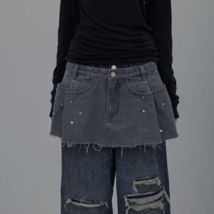 RAW-CUT STUD DENIM SKIRT (GREY)