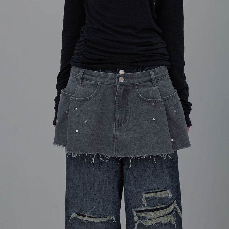 RAW-CUT STUD DENIM SKIRT (GREY)
