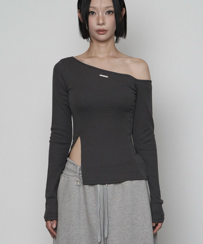 One-shoulder Basic Slit Long Sleeve (CHARCOAL)