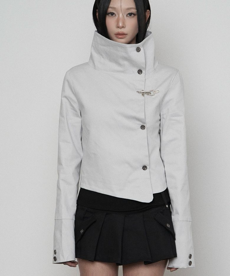 Wide High-neck Side Button Jacket ( LIGHT GRAY )