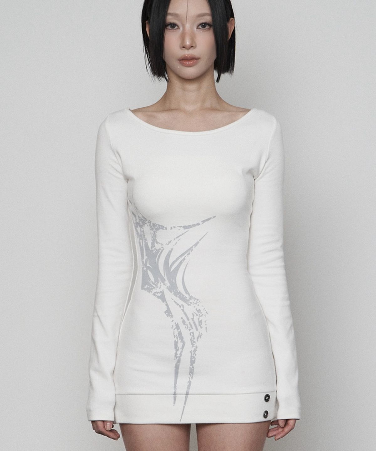 에트오소메(ETRE AU SOMMET) Bout neck Rib Button Side Print One-piece (WHITE)