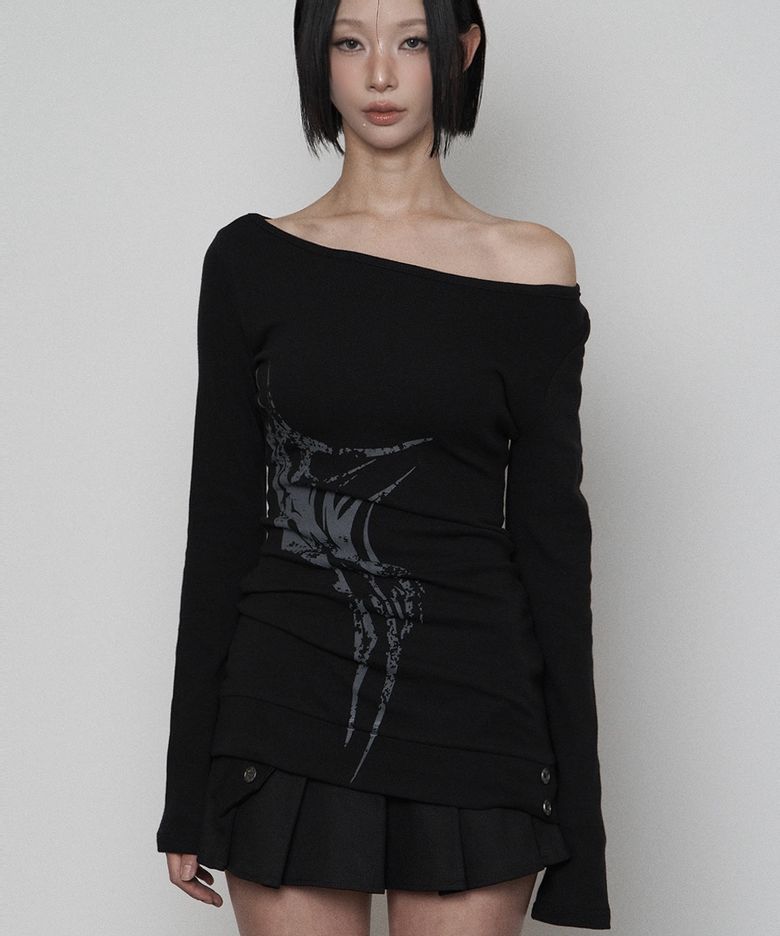 Bout neck Rib Button Side Print One-piece (BLACK)