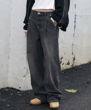 [우먼] 뒷밴딩 원턱 와이드 데님 팬츠[블랙]