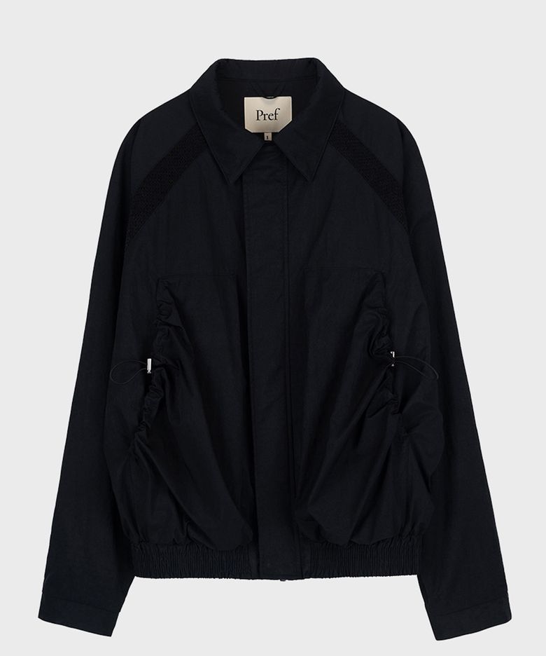 BLACK GATHERED POCKET NYLON JACKET