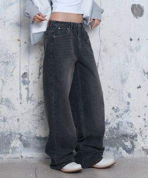 [우먼] 뒷밴딩  캣워싱 브러쉬 무지 와이드 데님 [블랙]