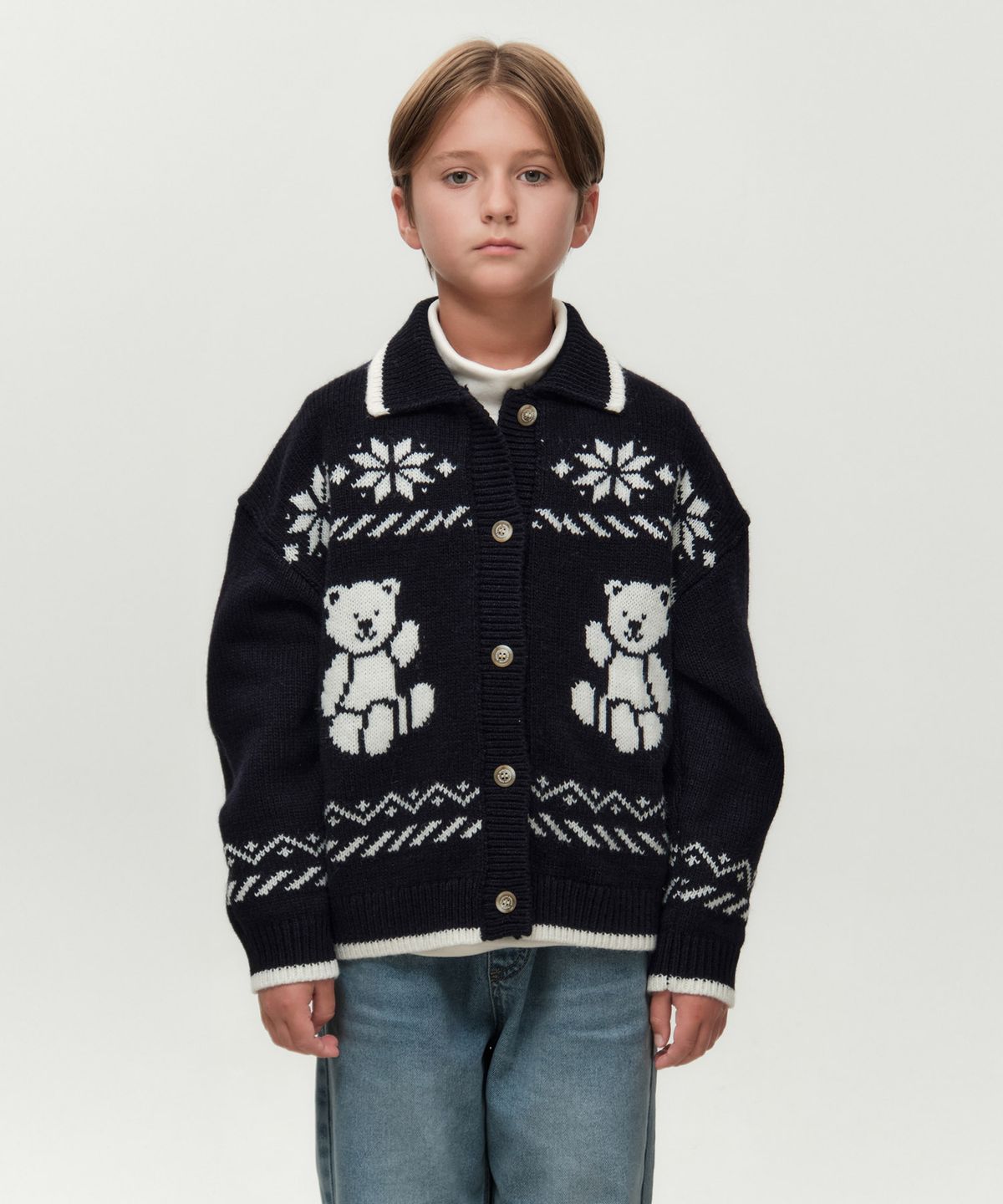 마리떼 키즈(MARITHÉ KIDS) KIDS NORDIC BEAR KNIT COLLAR CARDIGAN navy