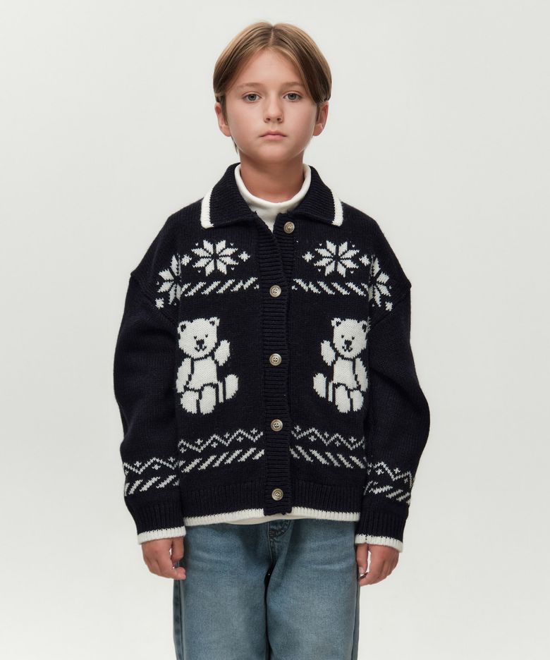 KIDS NORDIC BEAR KNIT COLLAR CARDIGAN navy