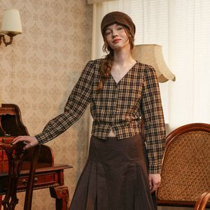 DD_V-neck check long sleeves top_BROWN