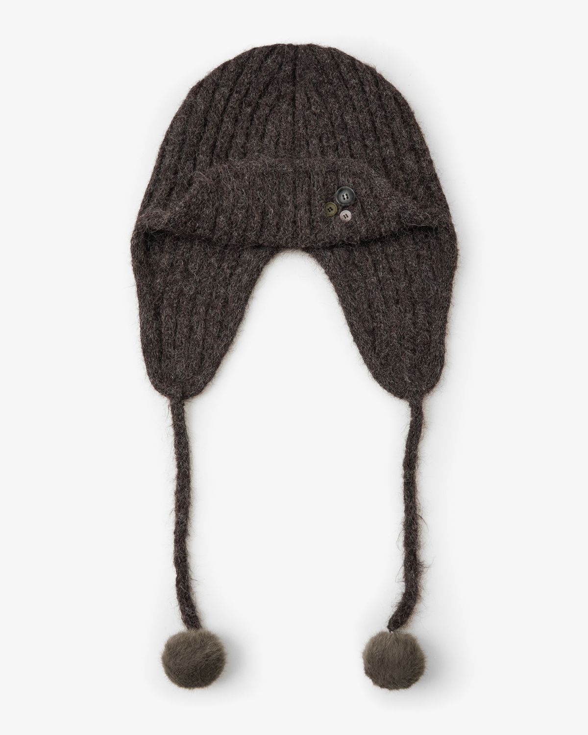 에이이에이이(AEAE) BUTTON KNIT TROOPER BEANIE [DARK BROWN]