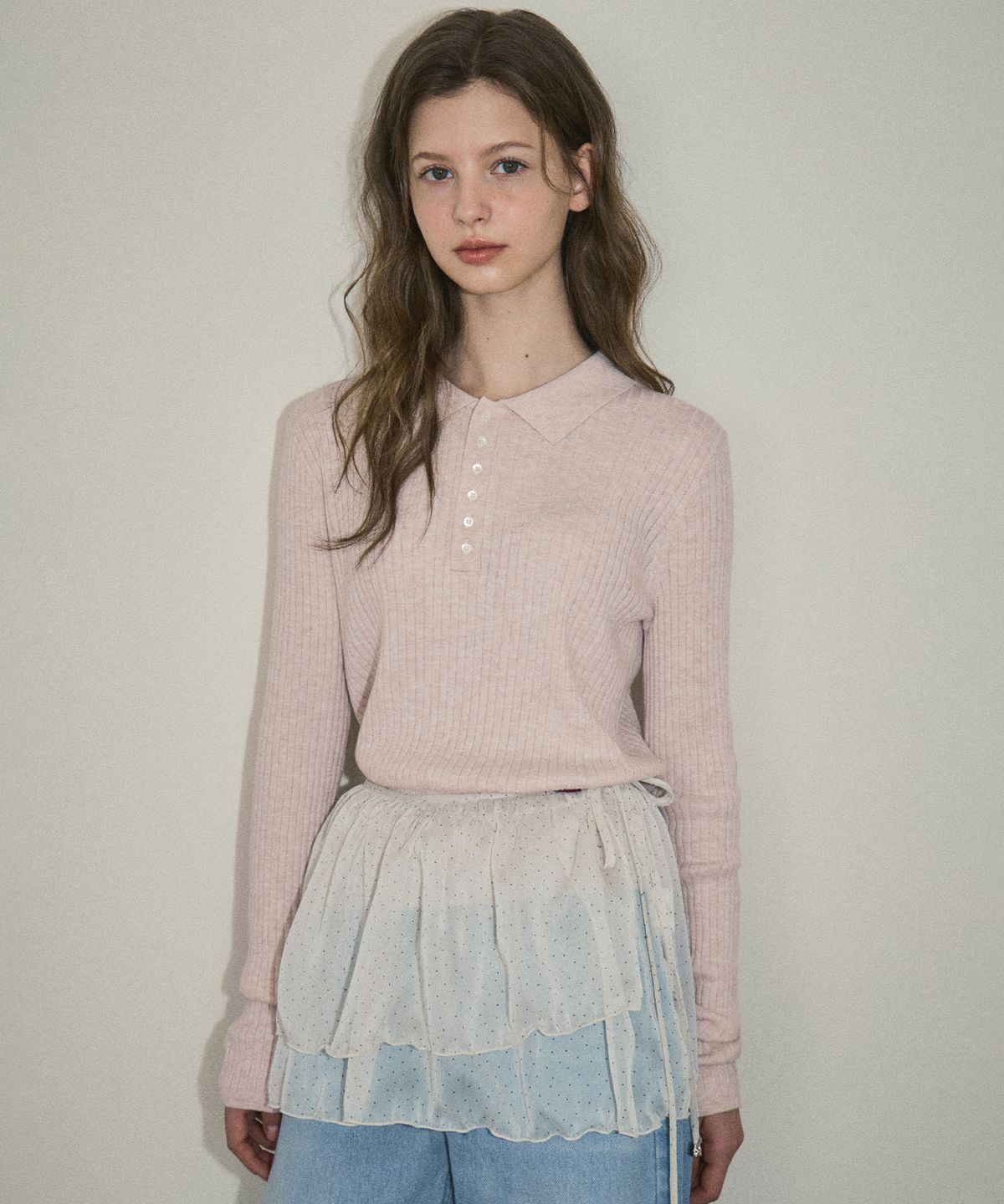 아우어노스텔지아(OURNOSTALGIA) deer ribbed collar knit_Light pink(OC25-KN01)