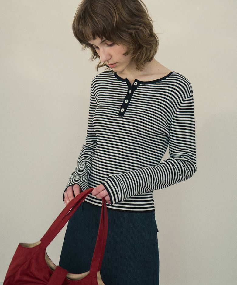chewy ribbed button stripe knit_Black(OC25-KN02)