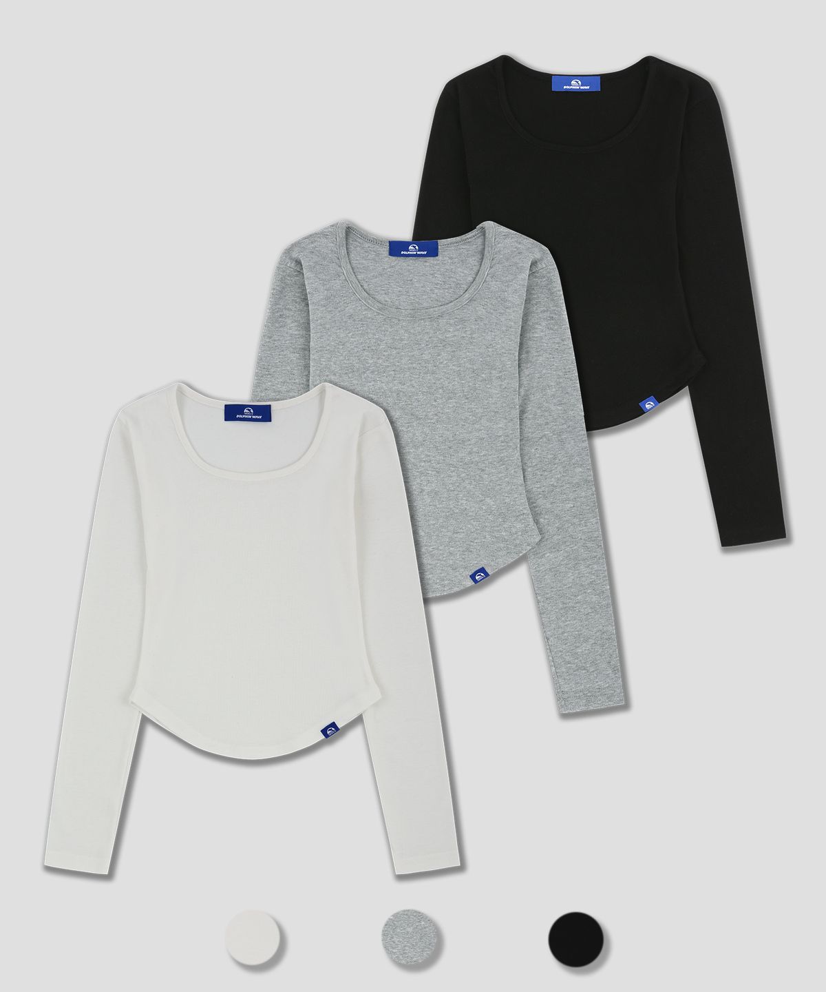 돌핀웨이브어패럴(DOLPHIN WAVE APPAREL) 돌핀 피티드 슬림 크루넥 크롭 긴팔티셔츠 3COLOR