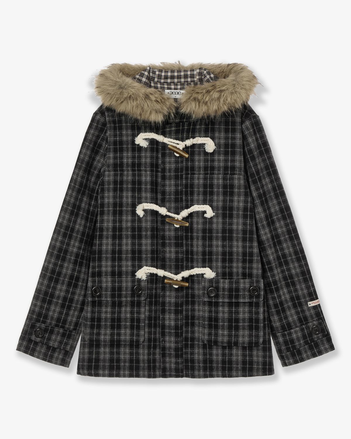 에이이에이이(AEAE) FUR HOOD DUFFLE COAT [CHECK BLACK]