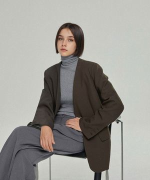 어반 벨티드 노카라 배색 자켓_brown