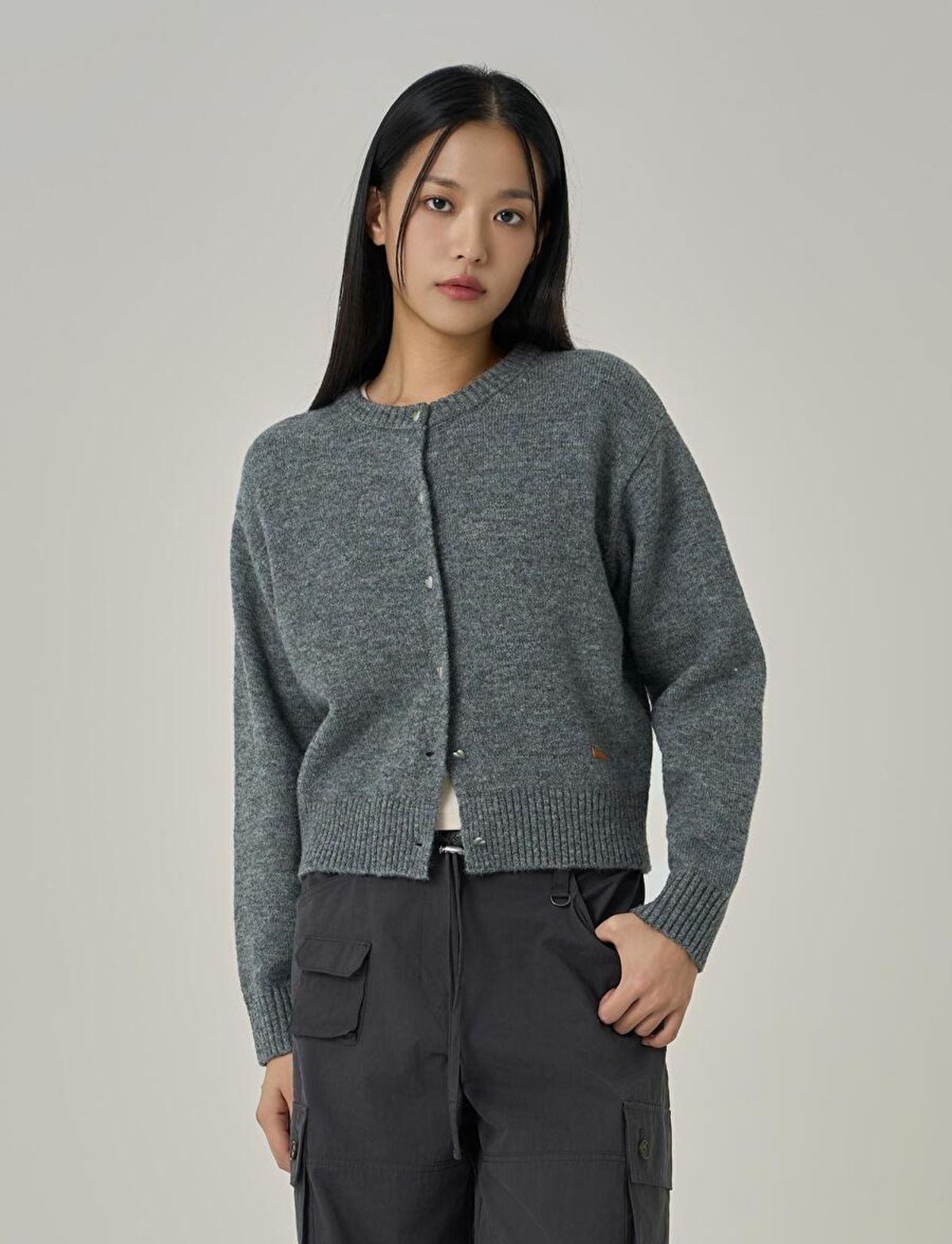 슈퍼드라이(SUPERDRY) W 하트 버튼 모헤어 가디건 멜란지그레이