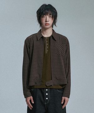 크롭 체크 셔츠자켓 - 브라운