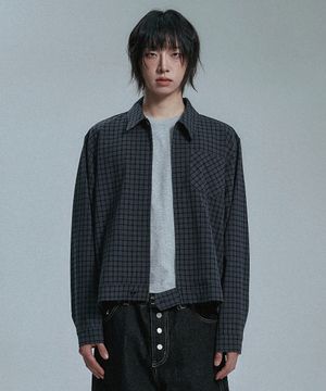 크롭 체크 셔츠자켓 - 네이비