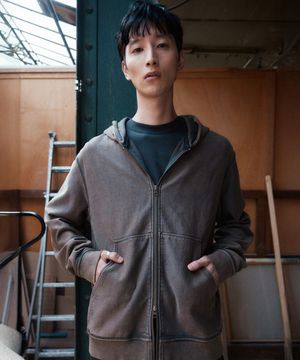 Washed Color Hoodie Zip Up  Brown