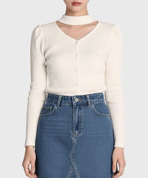 초커 퍼프 소매 골지니트_아이보리