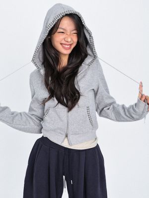 체크 엔딩 데일리 후드집업_회색