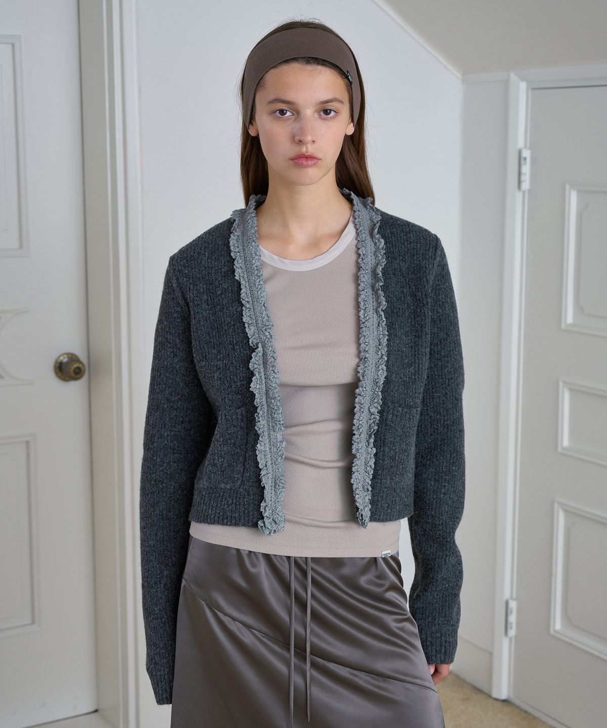 시메트릭 퍼센트(SYMMETRICPERCENT) Lace 2-way Cardigan / Charcoal