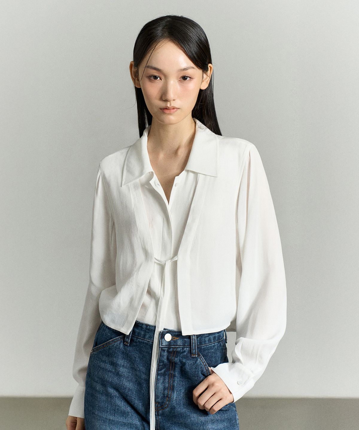 리이(RE RHEE) FRONT-TIE LAYERED SHIRT BLOUSE WHITE
