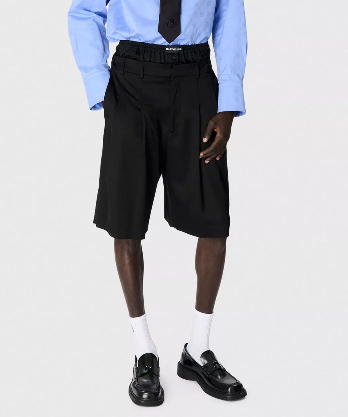 마린 세르(MARINE SERRE) (M) 새틴 박서 웨이스티드쇼츠 블랙 SATIN BOXER WAISTED SHORTS BK99 BLACK