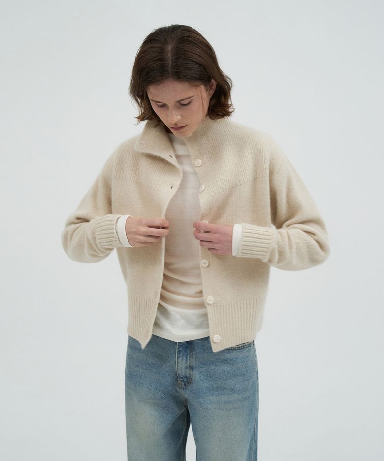 High Neck Button Raccoon Cardigan[LMBFWI25KN298]-Mood cream