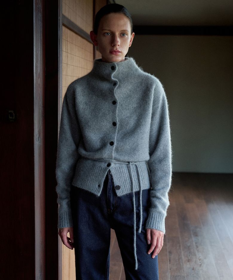 High Neck Button Raccoon Cardigan[LMBEWIKN298]-Gray