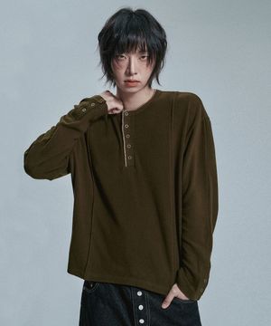 크롭 헨리넥 소프트 롱슬리브 - 카키