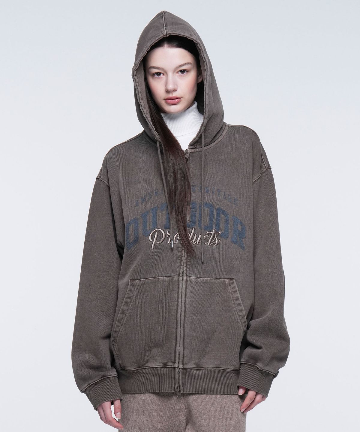 아웃도어 프로덕츠(OUTDOOR PRODUCTS) LETTERING LOGO ZIP-UP HOODIE (BROWN)