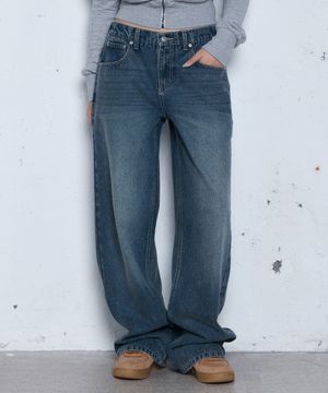 [우먼] 뒷밴딩  캣워싱 브러쉬 무지 와이드 데님 [인디고블루]